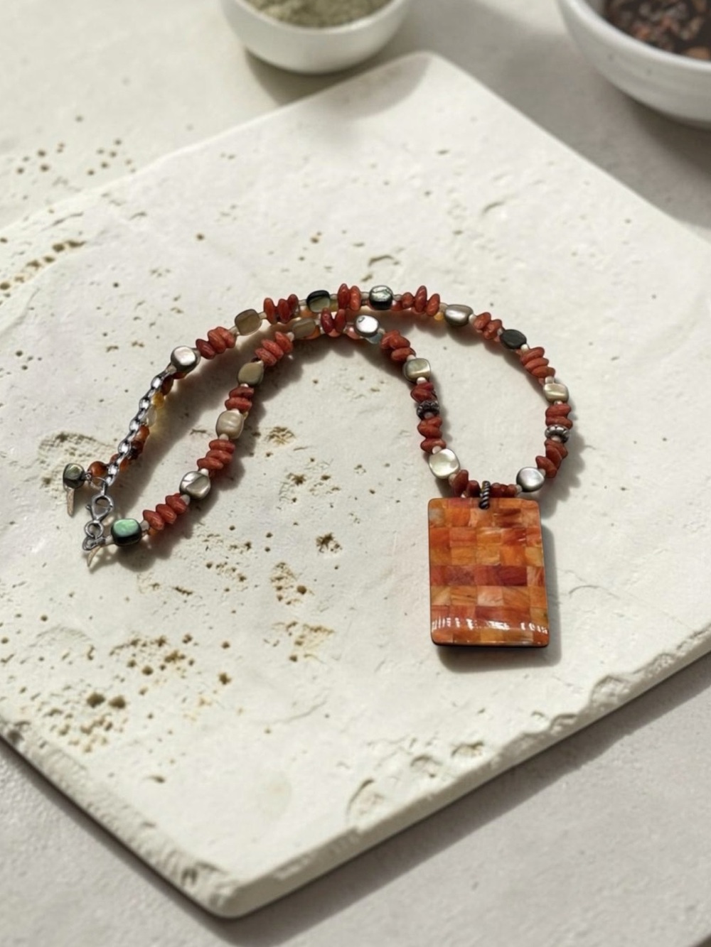 N1260 Vintage Silpada Mosaic Sponge Coral Pendant Necklace 925 Sterling Silver